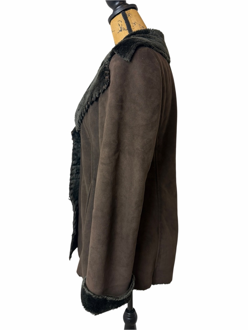 Oscar de la Renta Faux Suede Shearling Trim Coat Jacket Brown M - Picture 7 of 9